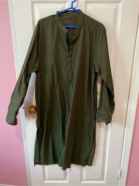 Men's Pakistani Kameez Green Kurta Shirt - Classic Long Sleeve Size M